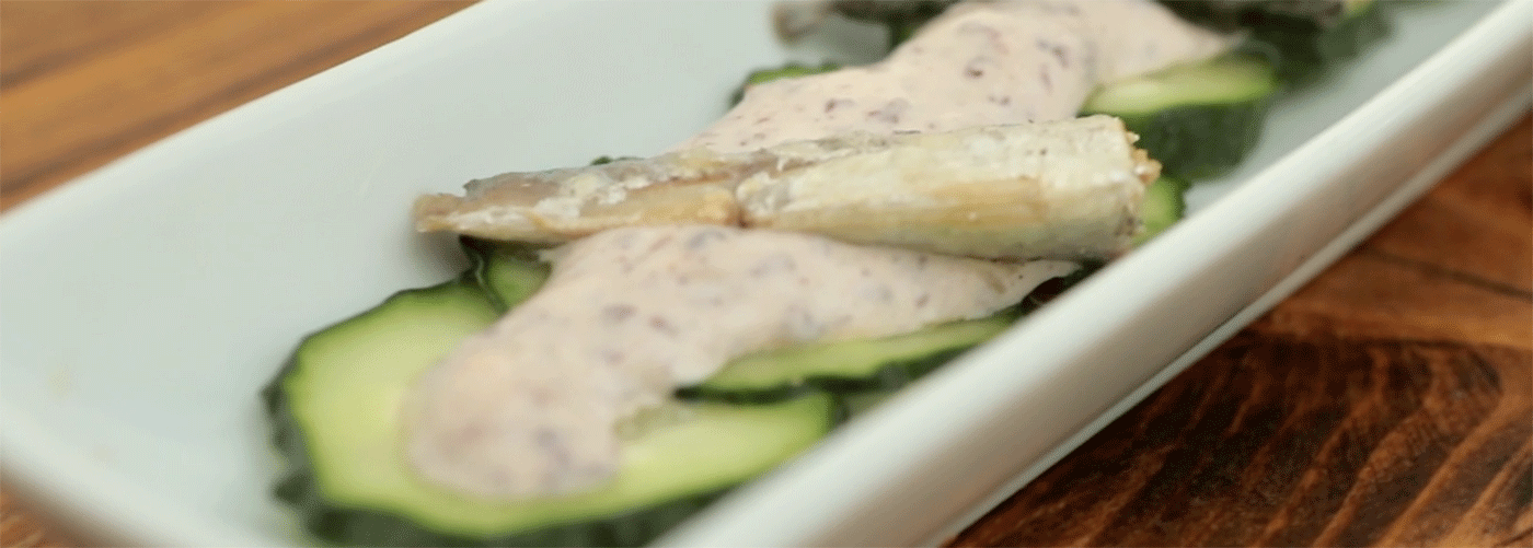 Cucumber carpaccio with baby sardines and tapenade marinade | Foods & Wines from Spain