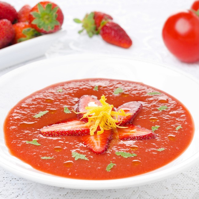 Gazpacho Spanish soup with strawberries