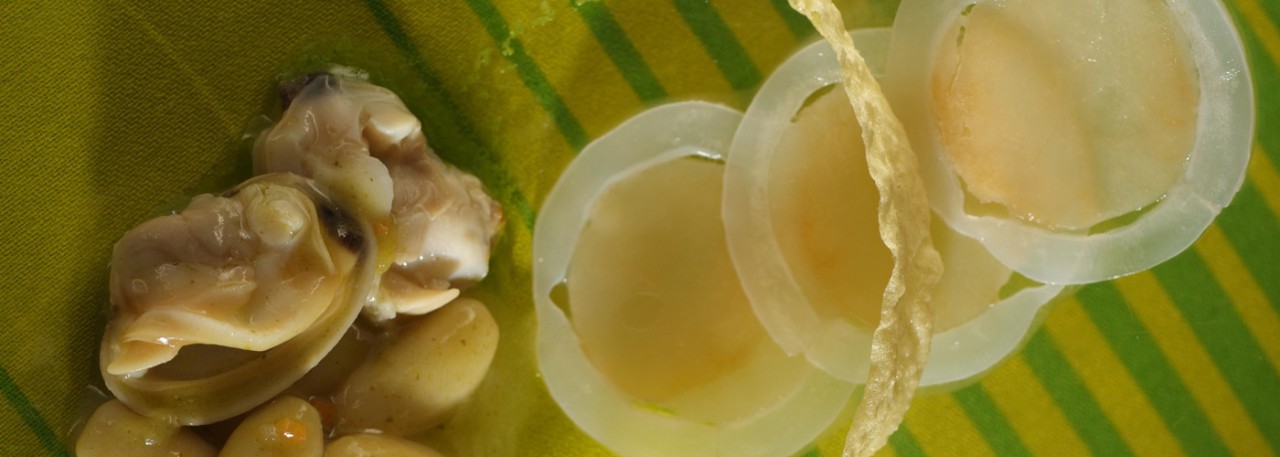 Spanish recipe: Faba Asturiana beans with squid, scallops and clams in a green sauce. Photo by: Toya Legido/©ICEX.