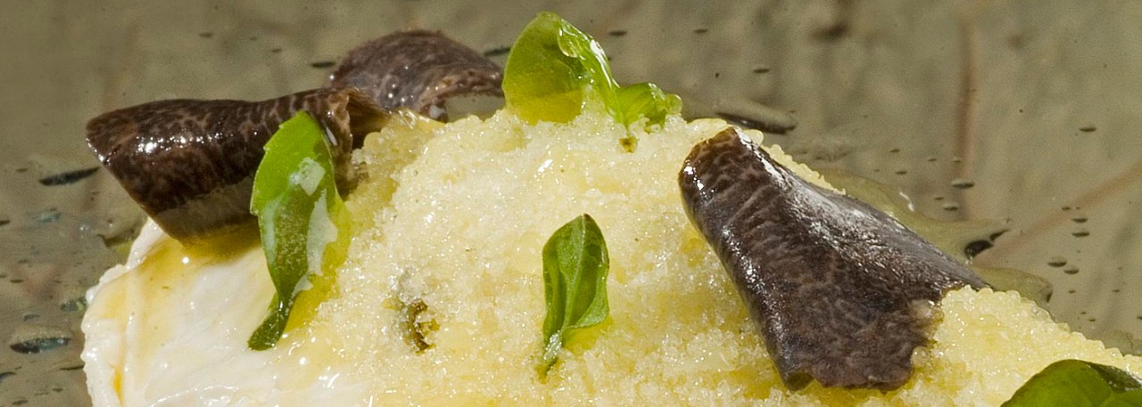Spanish recipe: Milk-film omelet and ­truffle-flavored oil semolina. Photo by: Toya Legido/©ICEX.